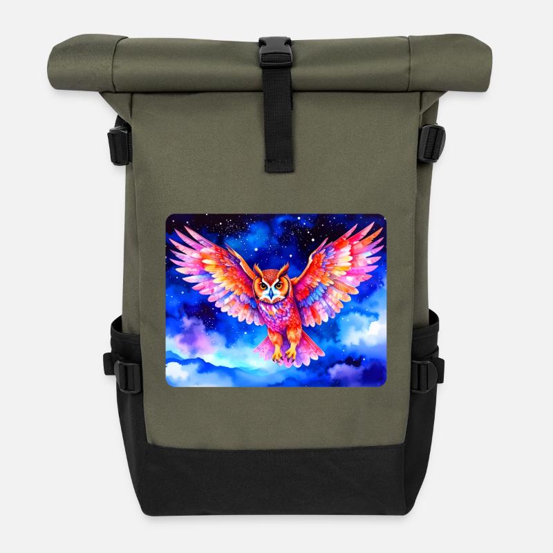 Bunter Uhu vor Sternenhimmel - Rolltop Rucksack - Olive/Schwarz