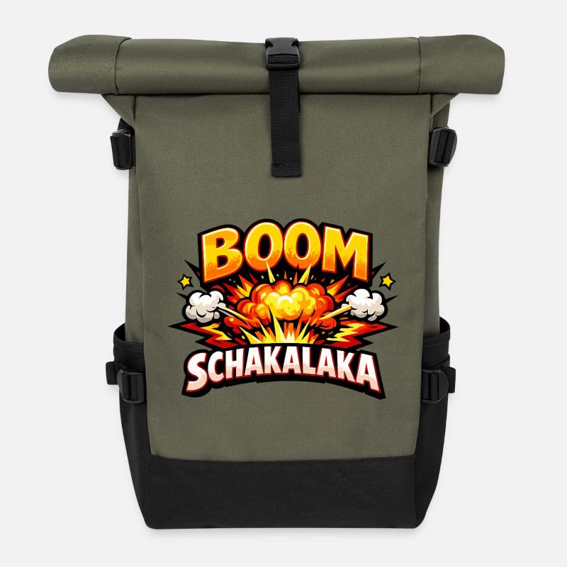 Boom Schakalaka Comic Spruch mit Explosion - Rolltop Rucksack - Olive/Schwarz