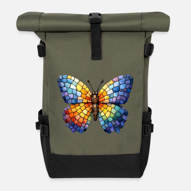 Butterfly Mosaic - Butterfly Fan Gift - Roll Top Backpack - olive/black