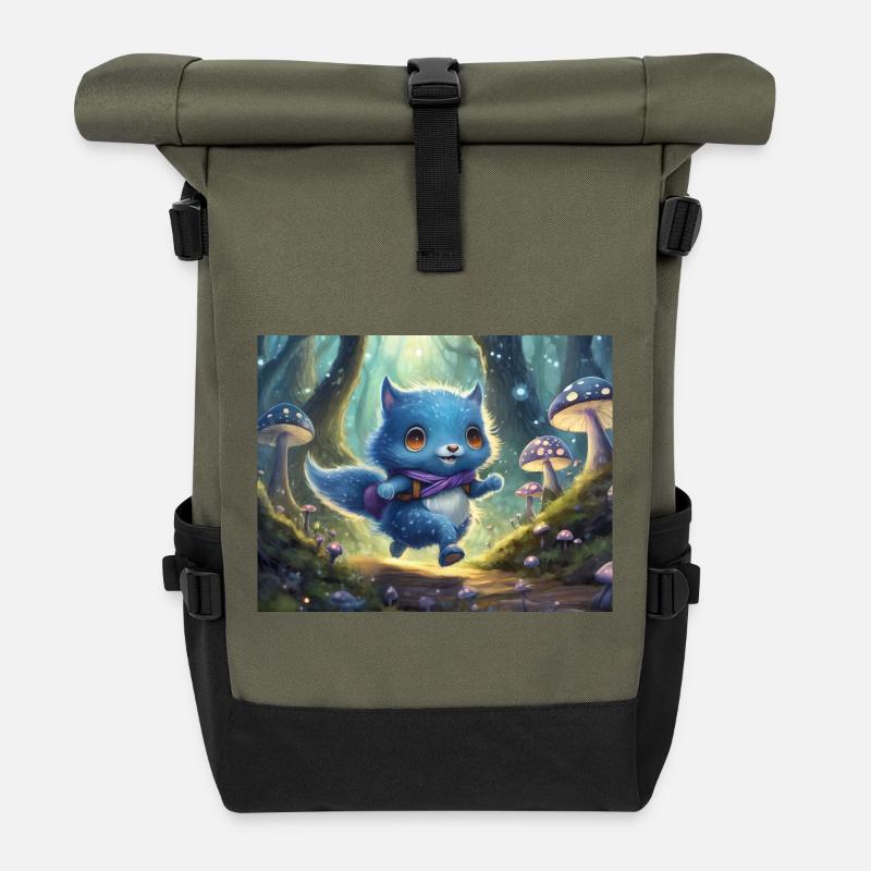 Blue Forest Kitten Adventure - Roll Top Backpack - olive/black