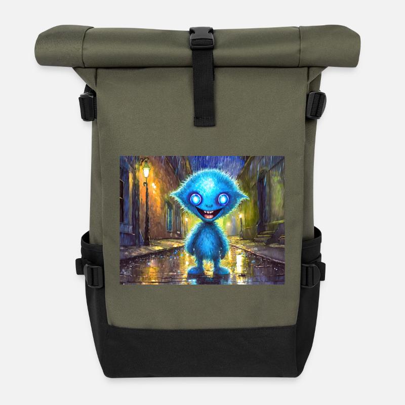 Blue funny and laughing monster - Roll Top Backpack - olive/black