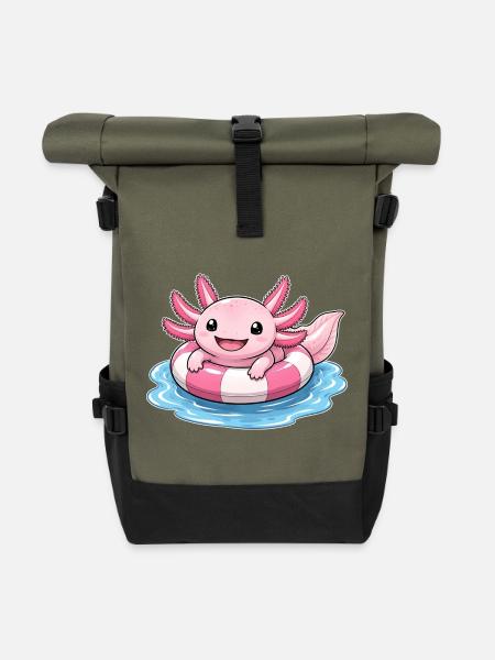 Süßer Axolotl im Schwimmring - Rolltop Rucksack - Olive/Schwarz