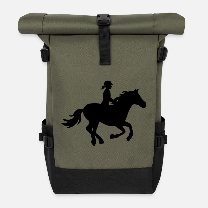 Reiterin auf galoppierendem Pferd - Rolltop Rucksack - Olive/Schwarz