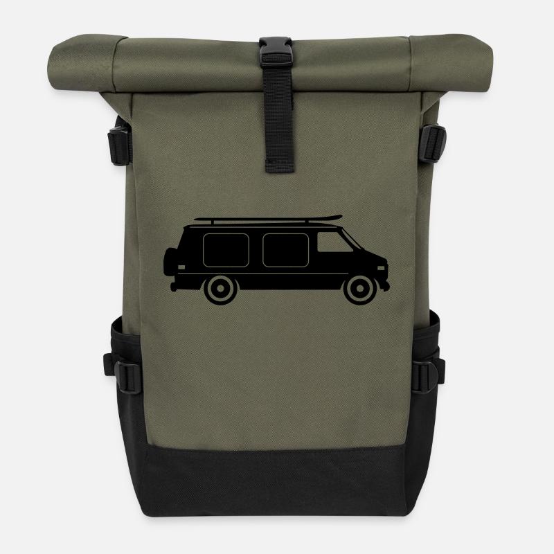 CAMPER BUS Wohnmobil Auto - Rolltop Rucksack - Olive/Schwarz