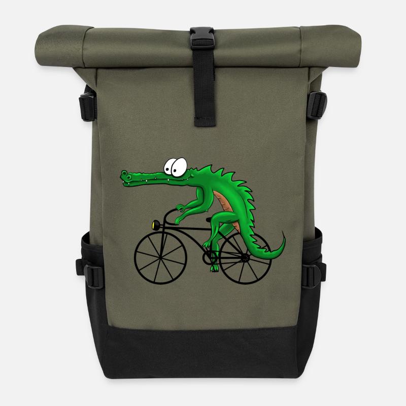 Krokodil mit Fahrrad - Rolltop Rucksack - Olive/Schwarz