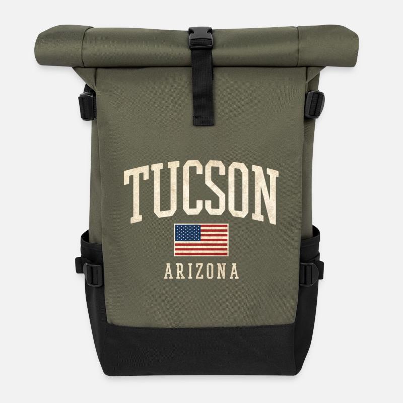Imprimé de drapeau vintage de Tucson, Arizona - Sac à dos roll top - olive/noir