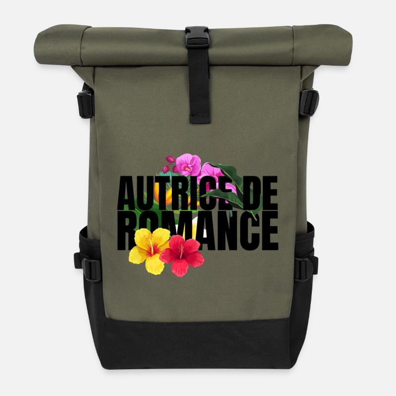 Autrice de romance Fleurs - Sac à dos roll top - olive/noir