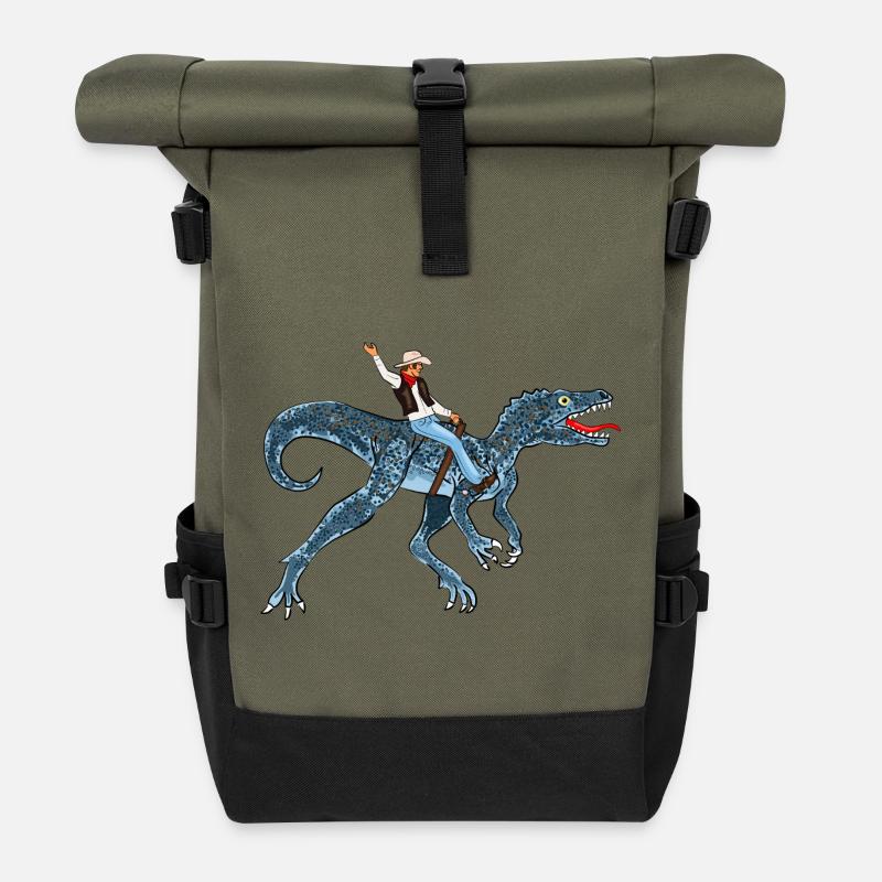 Abenteuerlicher Dinosaurier-Reiter - Rolltop Rucksack - Olive/Schwarz