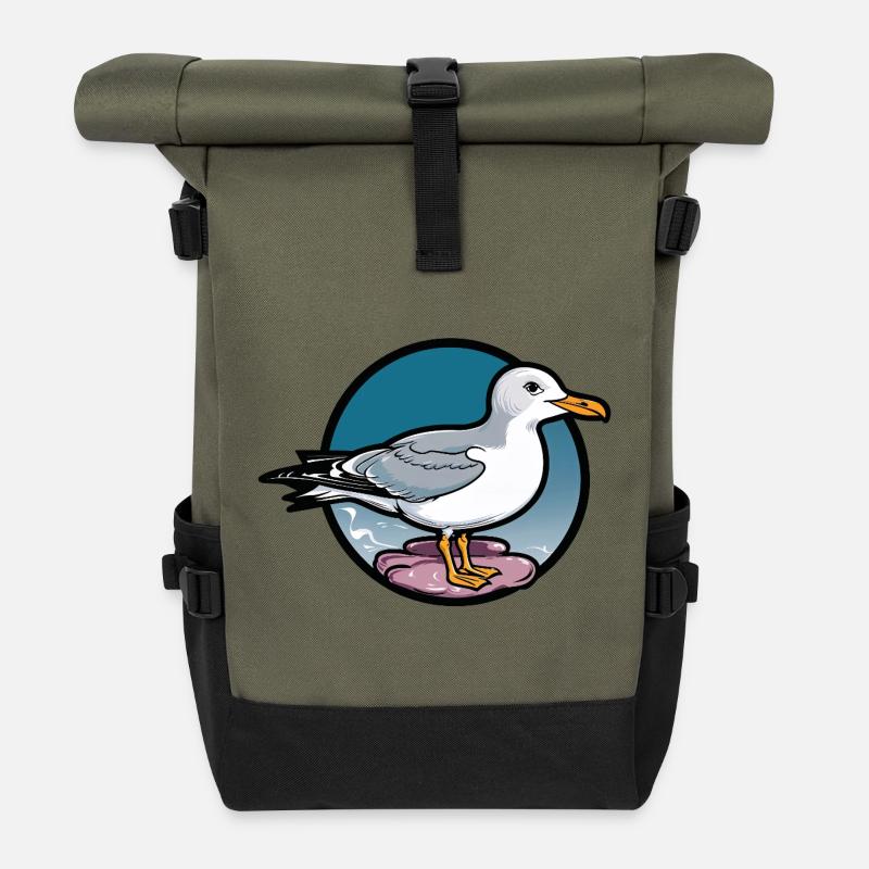 Sea Seagull on Rocks Vintage Logo - Roll Top Backpack - olive/black