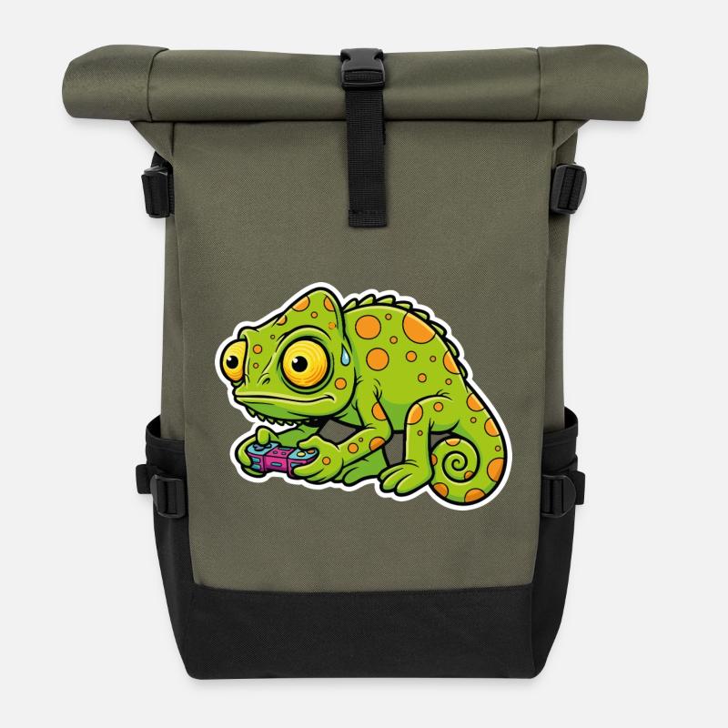 Chameleon Gamer Controller Videospiel-Maskottchen - Rolltop Rucksack - Olive/Schwarz