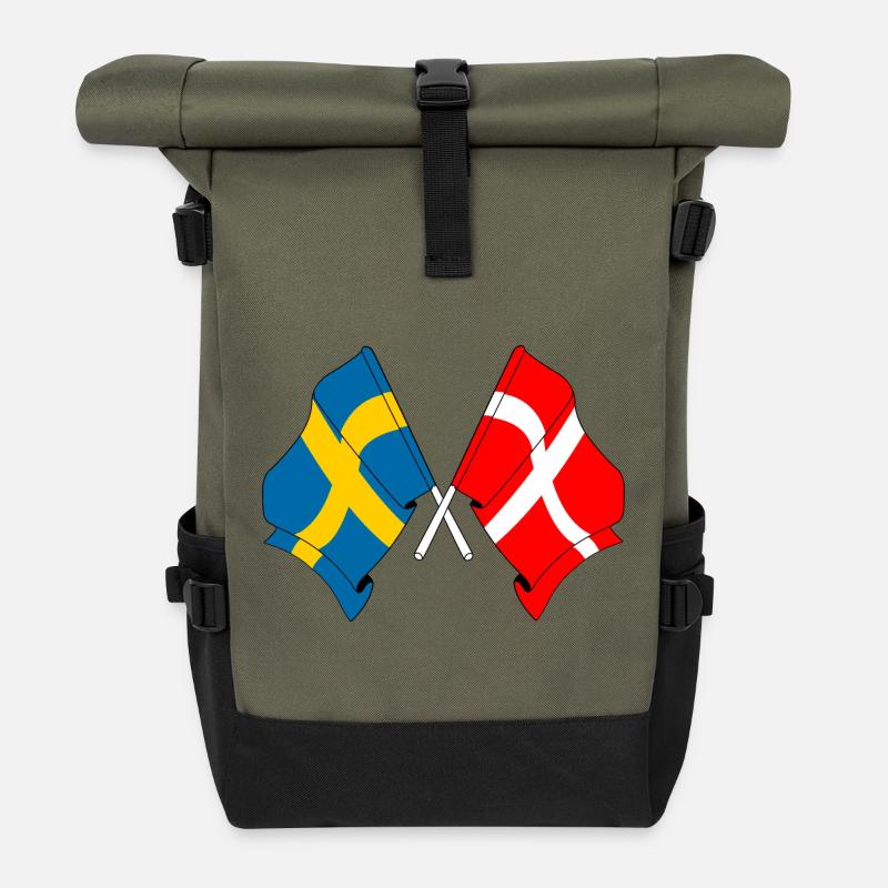 Flagge Schweden, Flagge Dänemark - Rolltop Rucksack - Olive/Schwarz