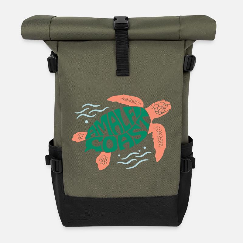 Amalfi Coast Turtle Marine Life Illustration - Roll Top Backpack - olive/black