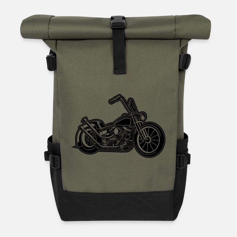 Chopper / Bobber Motorrad 02 schwarz - Rolltop Rucksack - Olive/Schwarz