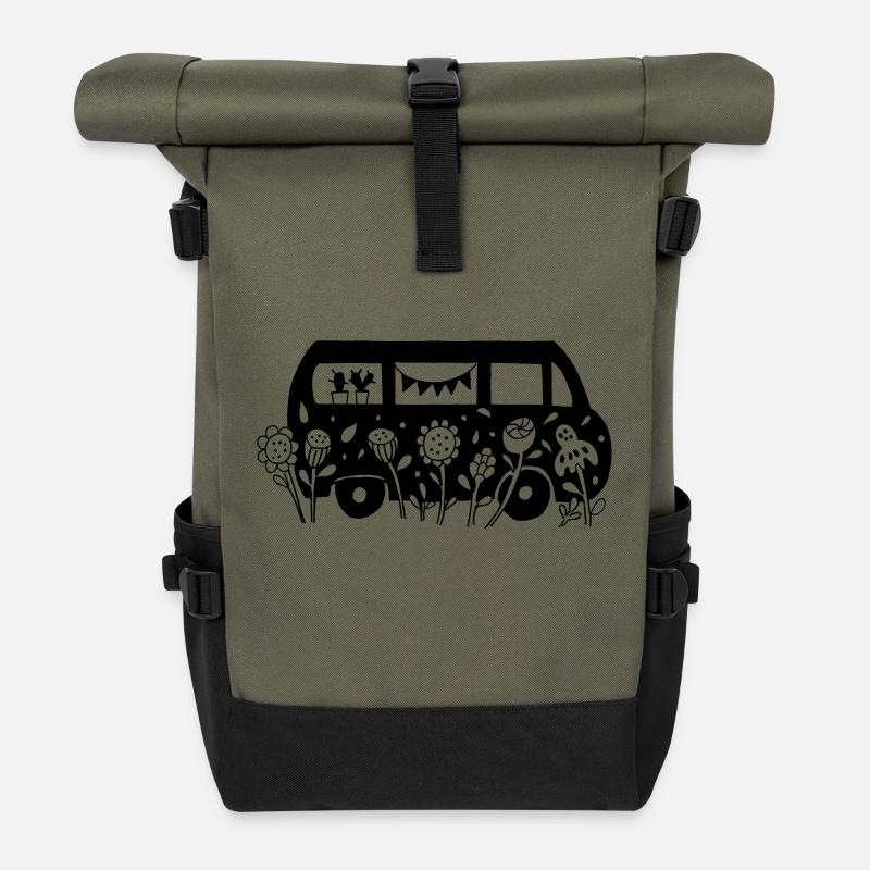Flower Power Bus - Roll Top Backpack - olive/black