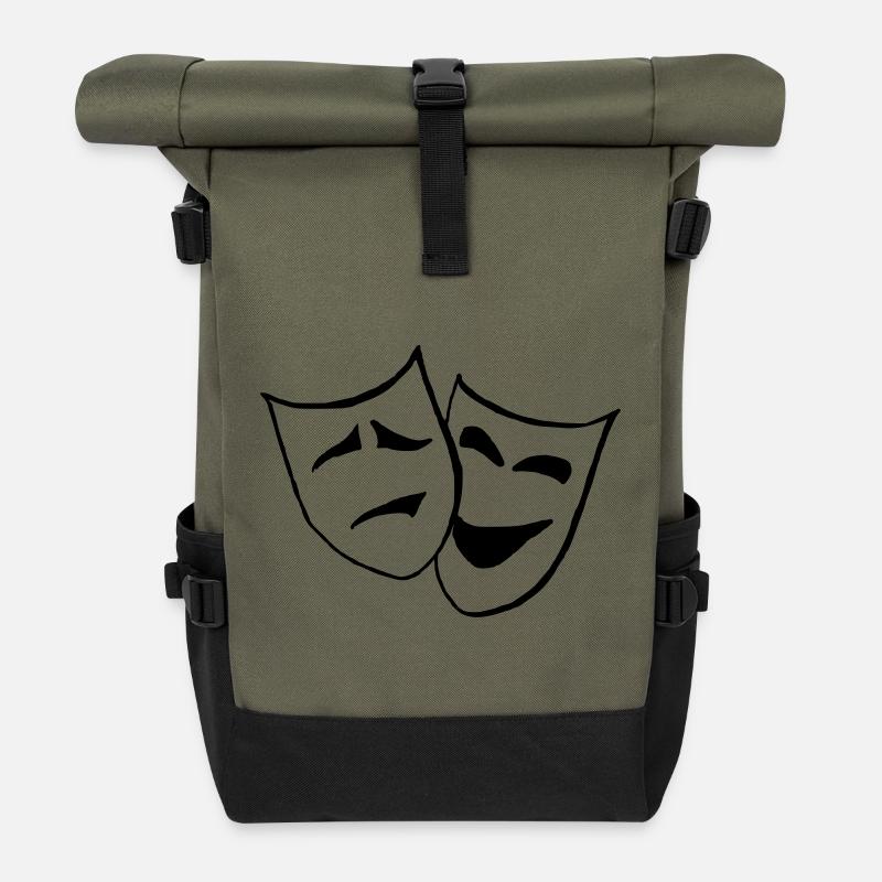 Theater-Masken - Rolltop Rucksack - Olive/Schwarz
