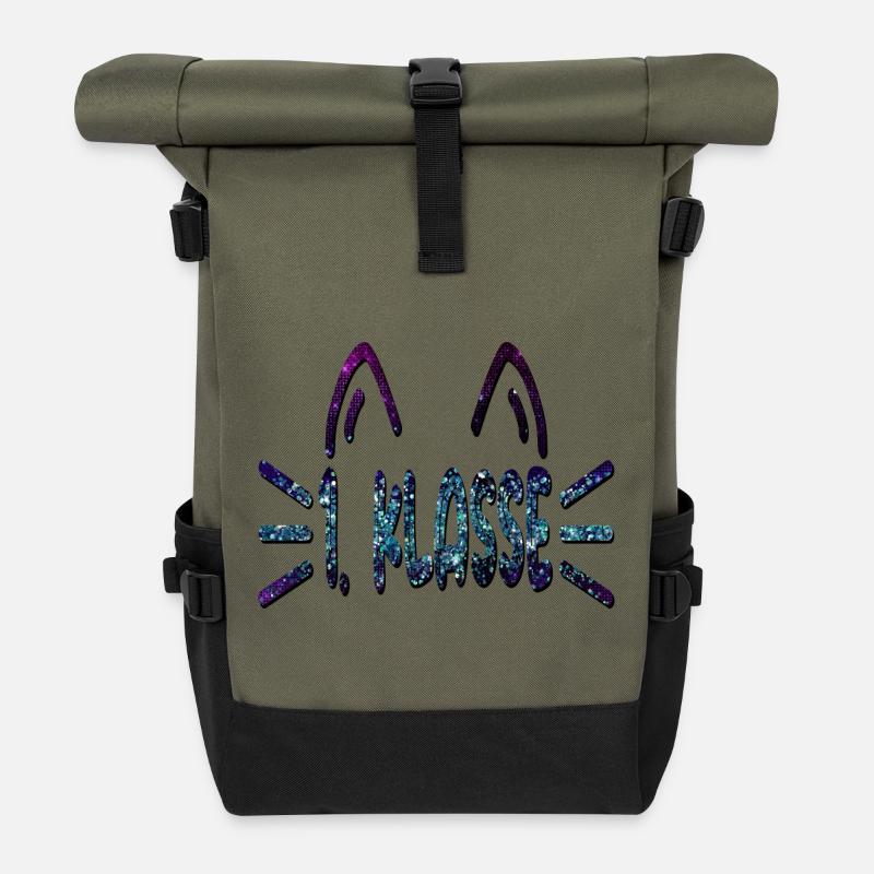 1. Klasse Erstklässlerin - Katzen - Rolltop Rucksack - Olive/Schwarz