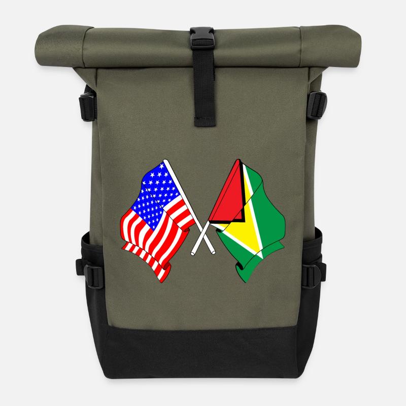 Drapeau des États-Unis et drapeau de la Guyane - Sac à dos roll top - olive/noir