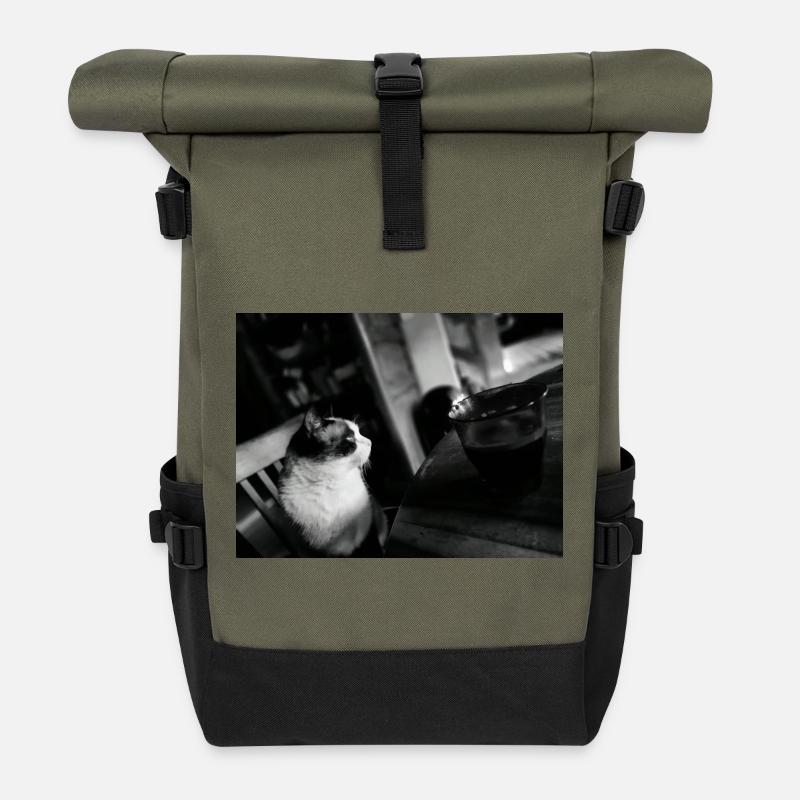 Black Cat and Coffee Mug - Roll Top Backpack - olive/black