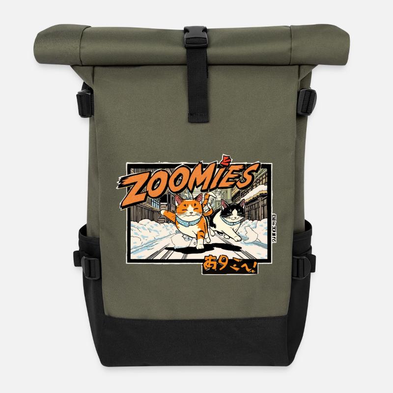 Anime Katzen im Schnee - Rolltop Rucksack - Olive/Schwarz