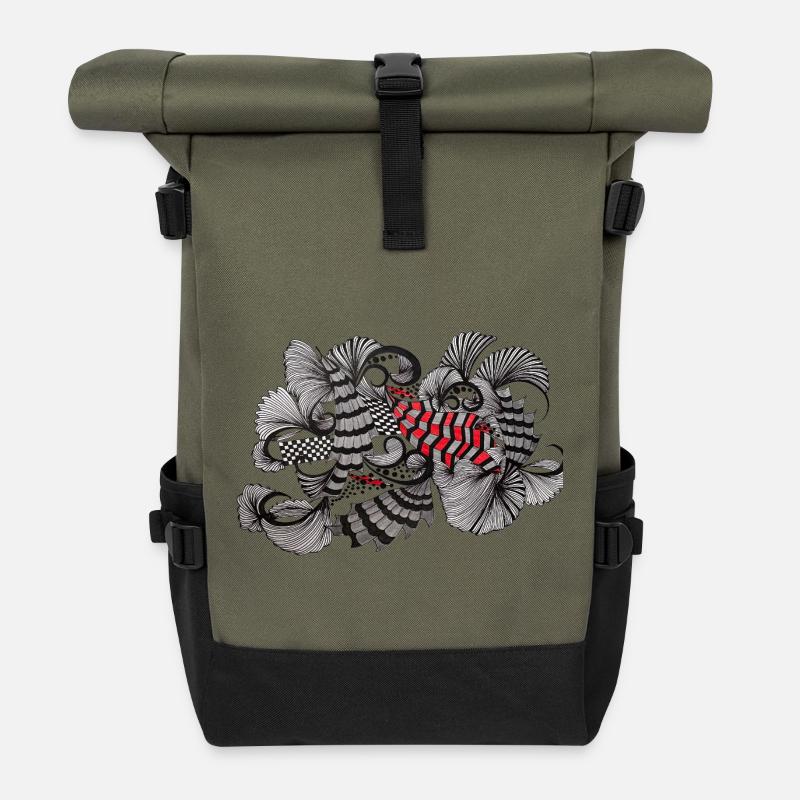 SchwarzWeiß Rot Muster - Rolltop Rucksack - Olive/Schwarz