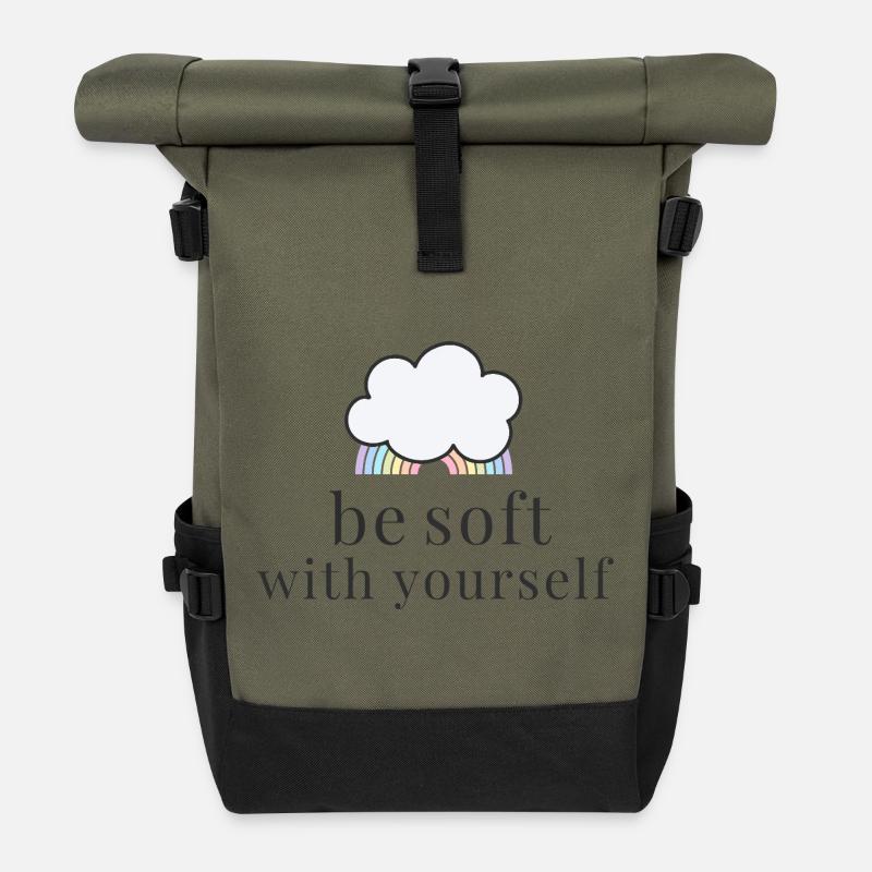 Be Soft With Yourself Cloud with Pastel Rainbow - Roll Top Backpack - olive/black