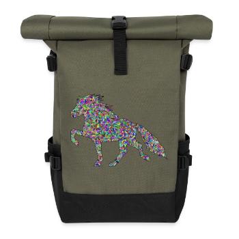 Edles Islandpferd Tölt in poppig bunt - Rolltop Rucksack - Olive/Schwarz - Vorne