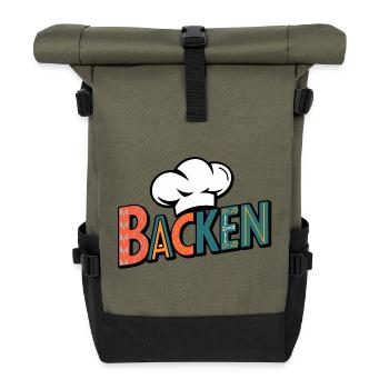 Backen mein Hobby - buntes Bäckermotiv - Rolltop Rucksack - Olive/Schwarz - Vorne