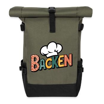 Backen mein Hobby - buntes Bäckermotiv - Rolltop Rucksack - Olive/Schwarz - Vorne