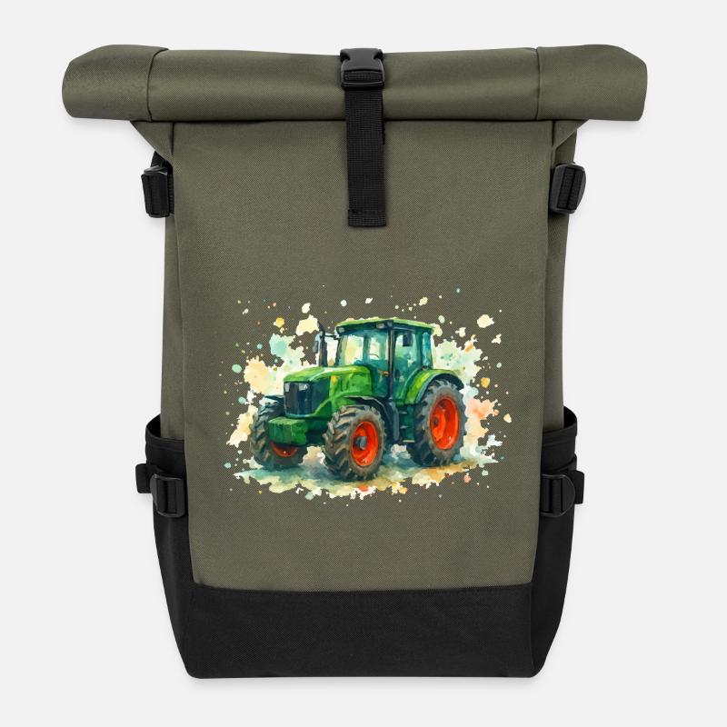 Aquarellischer Traktor mit lebendigen Farben - Rolltop Rucksack - Olive/Schwarz