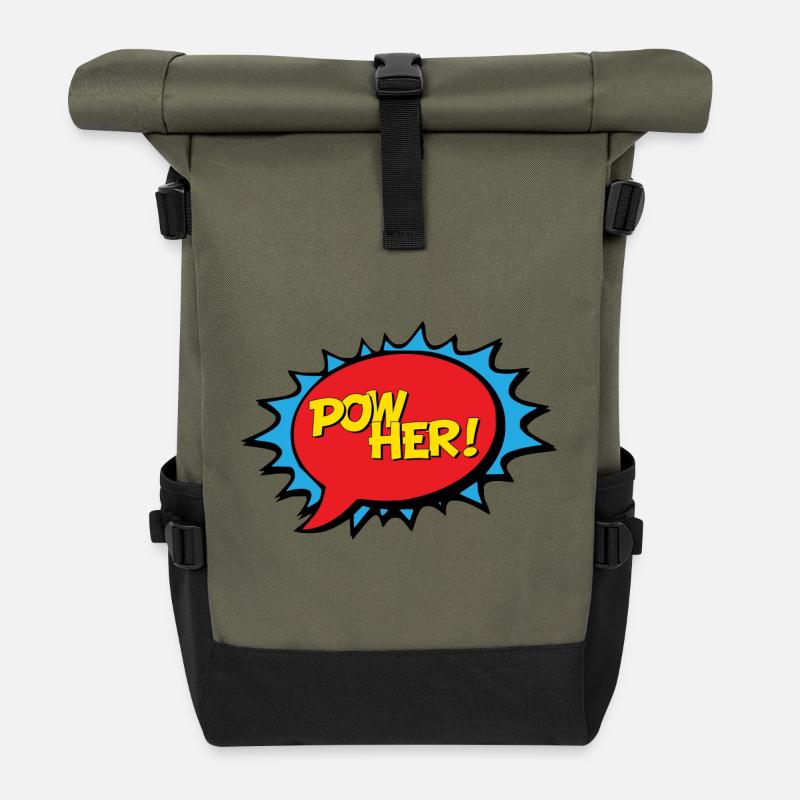 Il y a Alimentation Mme énergie pop style bande dessinée d'art - Sac à dos roll top - olive/noir