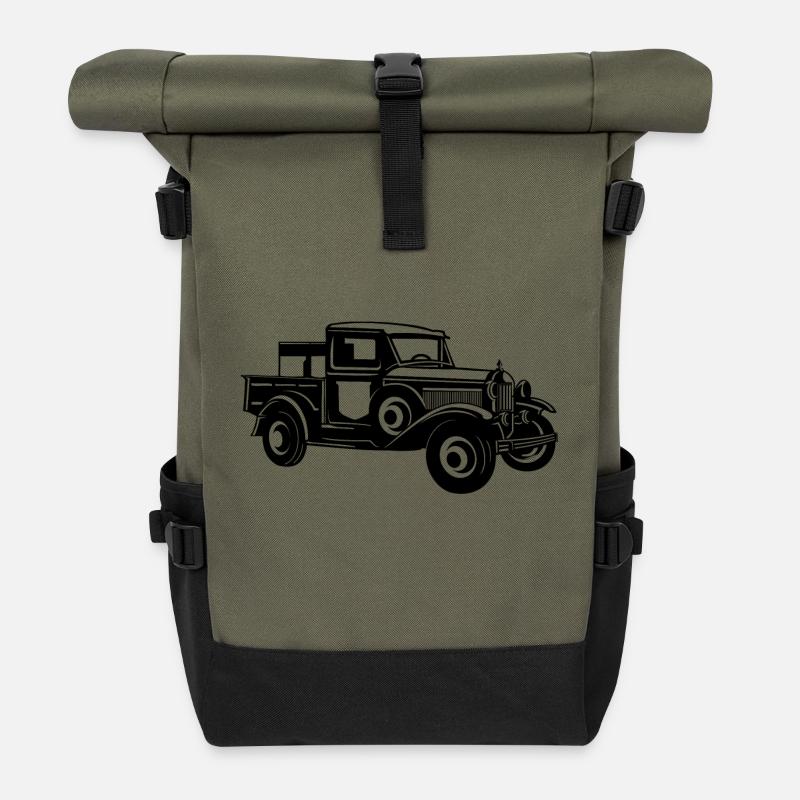 Pickup Oldtimer Truck 01_black - Roll Top Backpack - olive/black