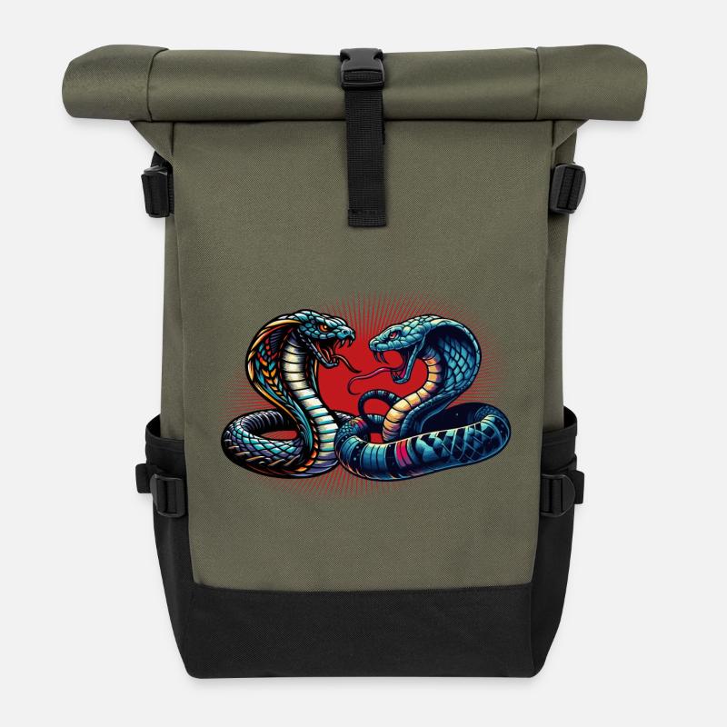 dynamisches und farbenfrohes Cobra-Schlangen Motiv - Rolltop Rucksack - Olive/Schwarz