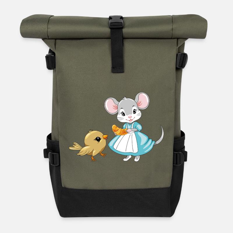 Little_mouse_is_sharing_a_croissant_with_a_bird - Roll Top Backpack - olive/black
