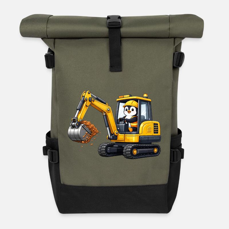 Süßer Pinguin Baggerfahrer Bauarbeiter Cartoon - Rolltop Rucksack - Olive/Schwarz