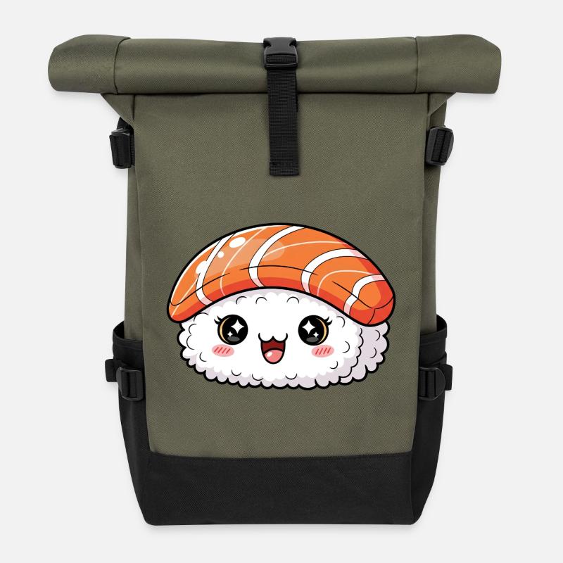 Kawaii Salmon Nigiri Sushi Smile - Roll Top Backpack - olive/black