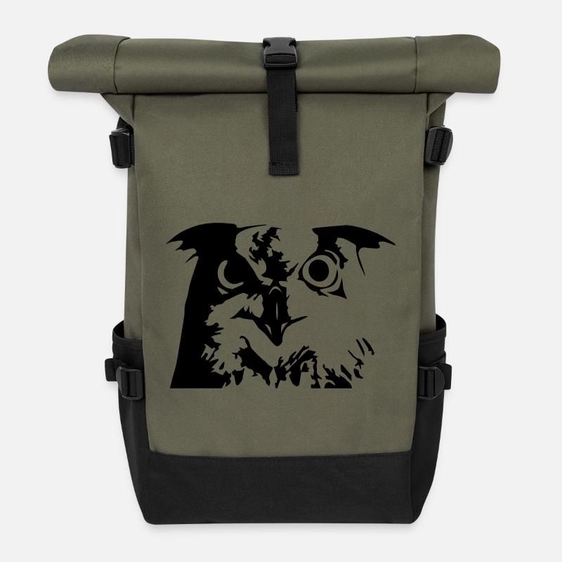 Eule, Owl - Grafik, Vogel, UHU - Rolltop Rucksack - Olive/Schwarz