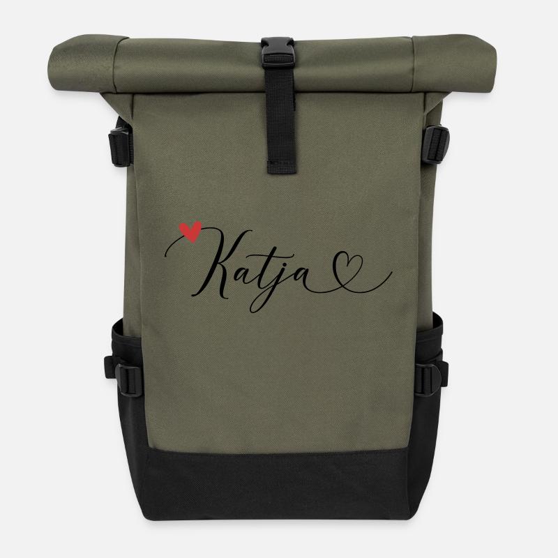 Katja Name Vorname Kalligrafieherz - Rolltop Rucksack - Olive/Schwarz
