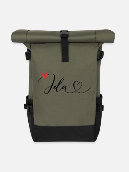 Ida Name Vorname Kalligrafieherz - Rolltop Rucksack - Olive/Schwarz
