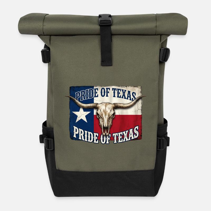 Texas Pride Horns Skull - Roll Top Backpack - olive/black