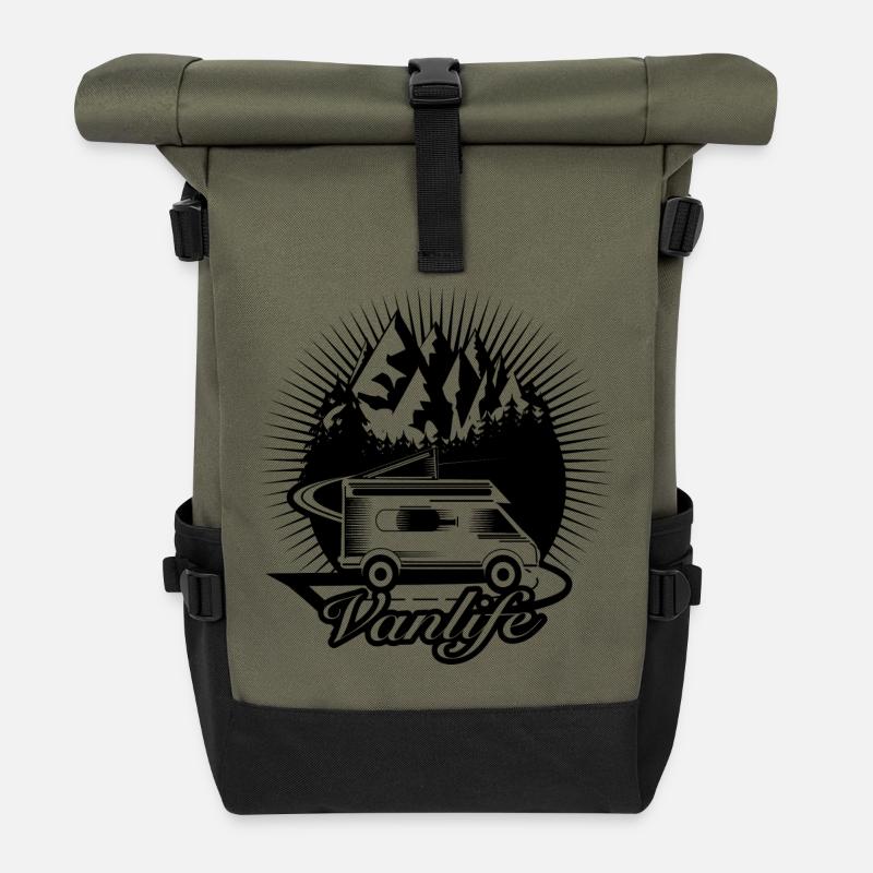 Camper unterwegs mit Van Life Typografie - Rolltop Rucksack - Olive/Schwarz
