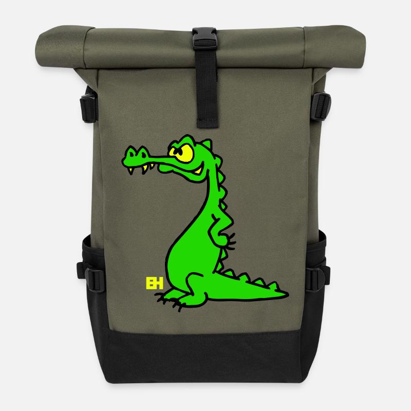 Smiling Crocodile, dreifarbiges Design - Rolltop Rucksack - Olive/Schwarz