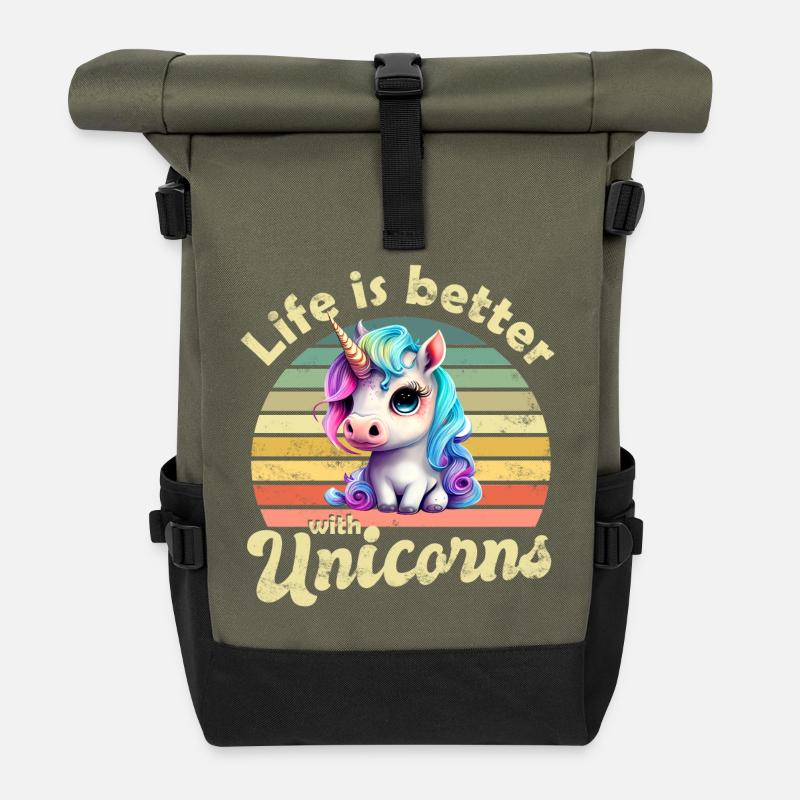 Einhorn Einhörner - Rolltop Rucksack - Olive/Schwarz