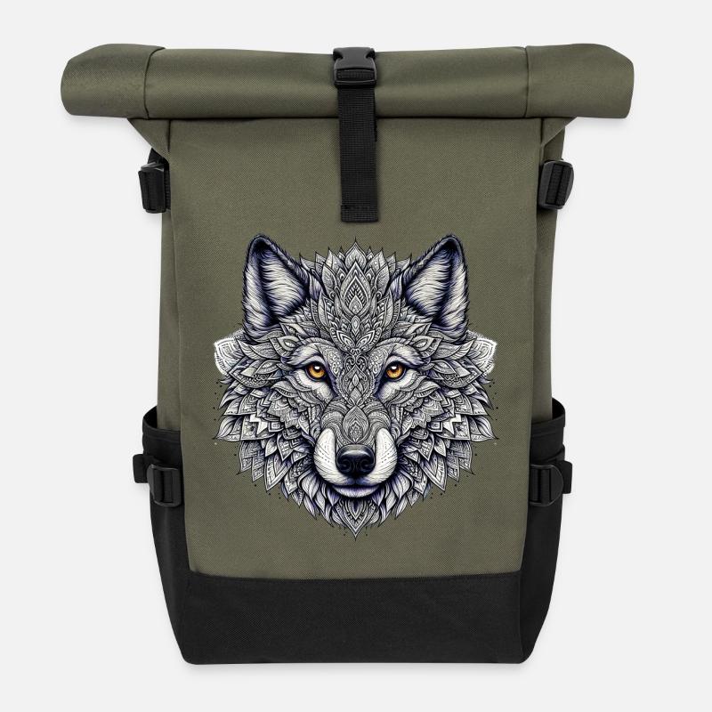 Wolf mit Mandalas verziert - Rolltop Rucksack - Olive/Schwarz