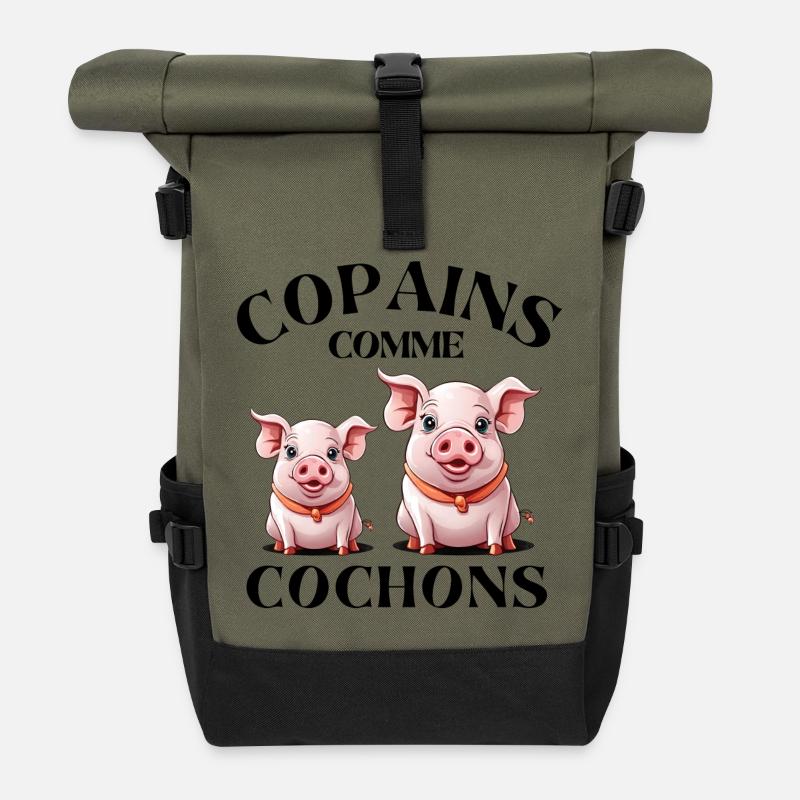cochon, copains comme cochons, amitié - Sac à dos roll top - olive/noir