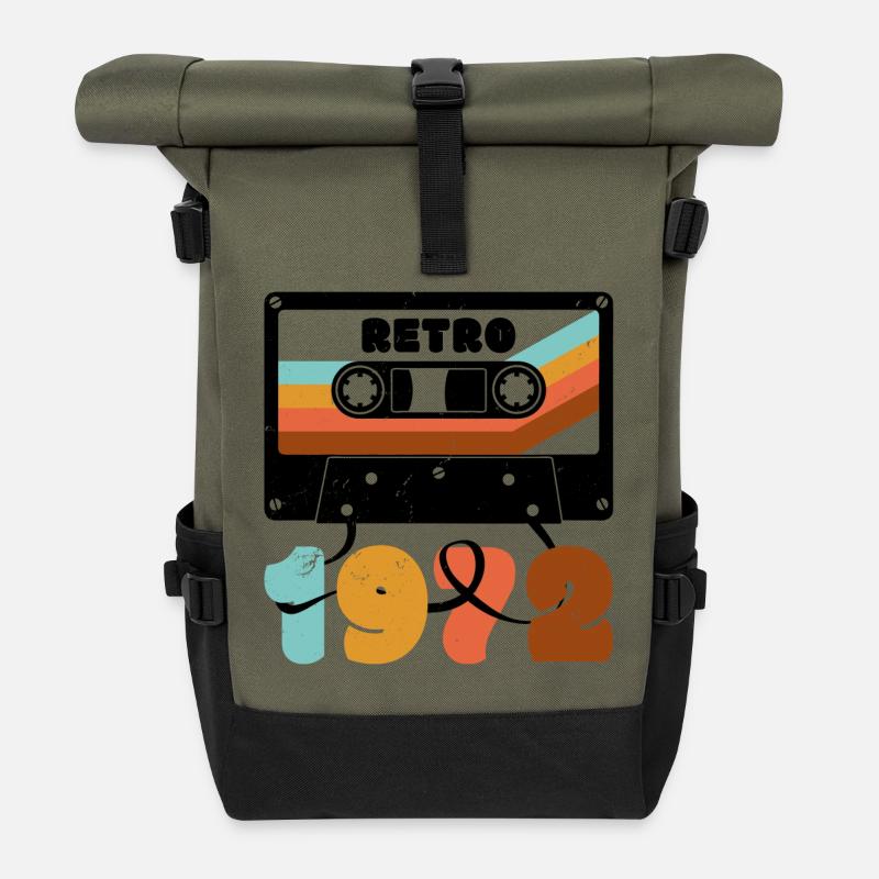 1972 Retro Music Tape Cassette - Roll Top Backpack - olive/black