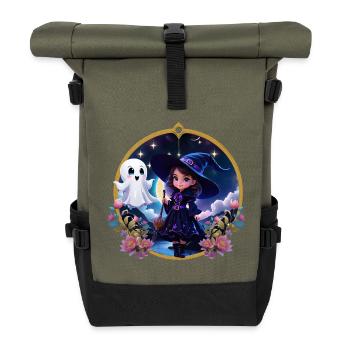 Kleine Hexe mit großen, strahlenden Augen. - Rolltop Rucksack - Olive/Schwarz - Vorne