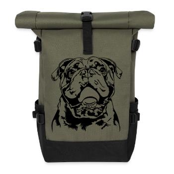 Bulldogge Ball Balljunkie Hunde Wilsigns - Rolltop Rucksack - Olive/Schwarz - Vorne
