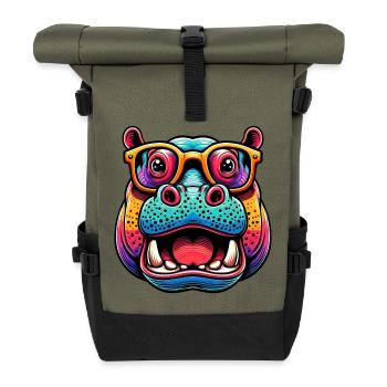 Hippopotamus with Glasses - Roll Top Backpack - olive/black - Front