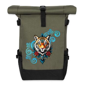 Tiger mit Blumenschmuck. - Rolltop Rucksack - Olive/Schwarz - Vorne