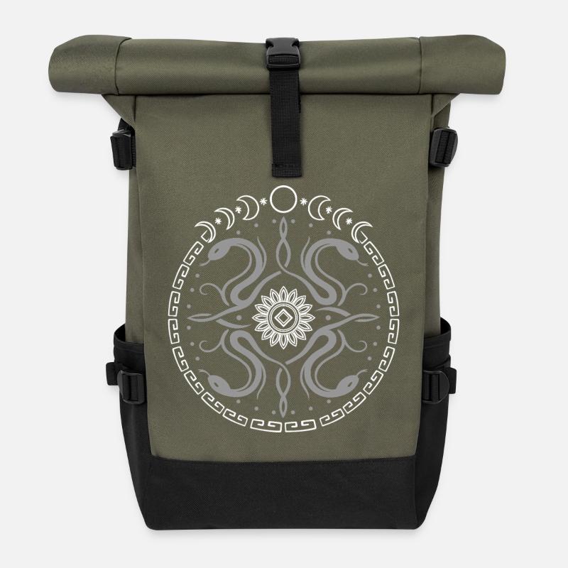 Snake wheel with moon phases - Roll Top Backpack - olive/black